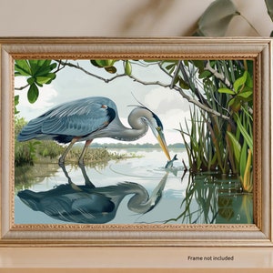 Beautiful Great Blue Heron Bird Standing in Lush Greenery - Florida Wildlife Print