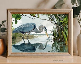Beautiful Great Blue Heron Bird Standing in Lush Greenery - Florida Wildlife Print