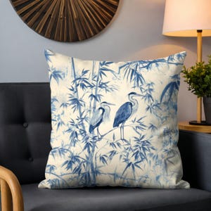 Blue Heron Bamboo Throw Pillow Cover with Oriental Chinoiserie Design for Elegant Nature Inspired Living Room or Bedroom Decor