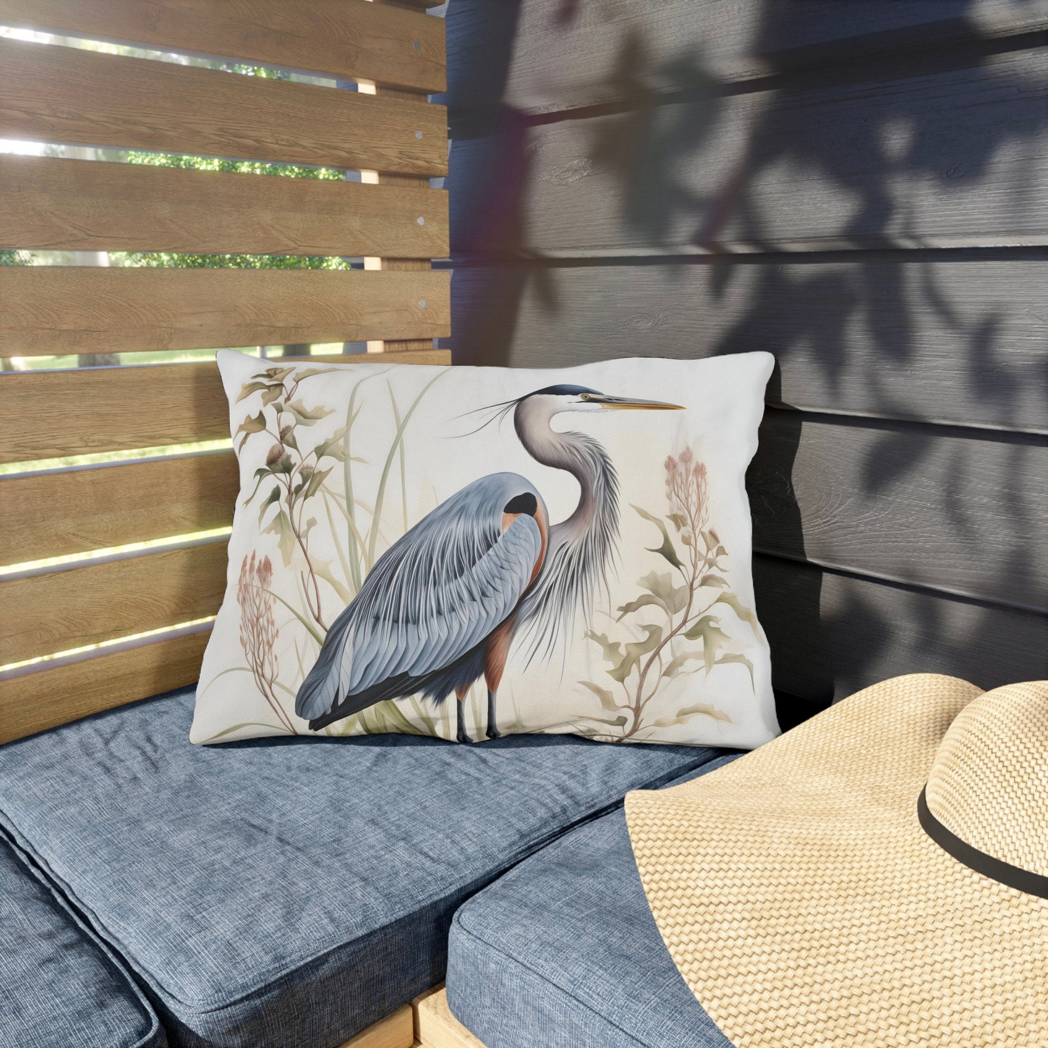 Picture of Nature-inspired Great Blue Heron Outdoor Pillow: Stylish Decor for Your ...