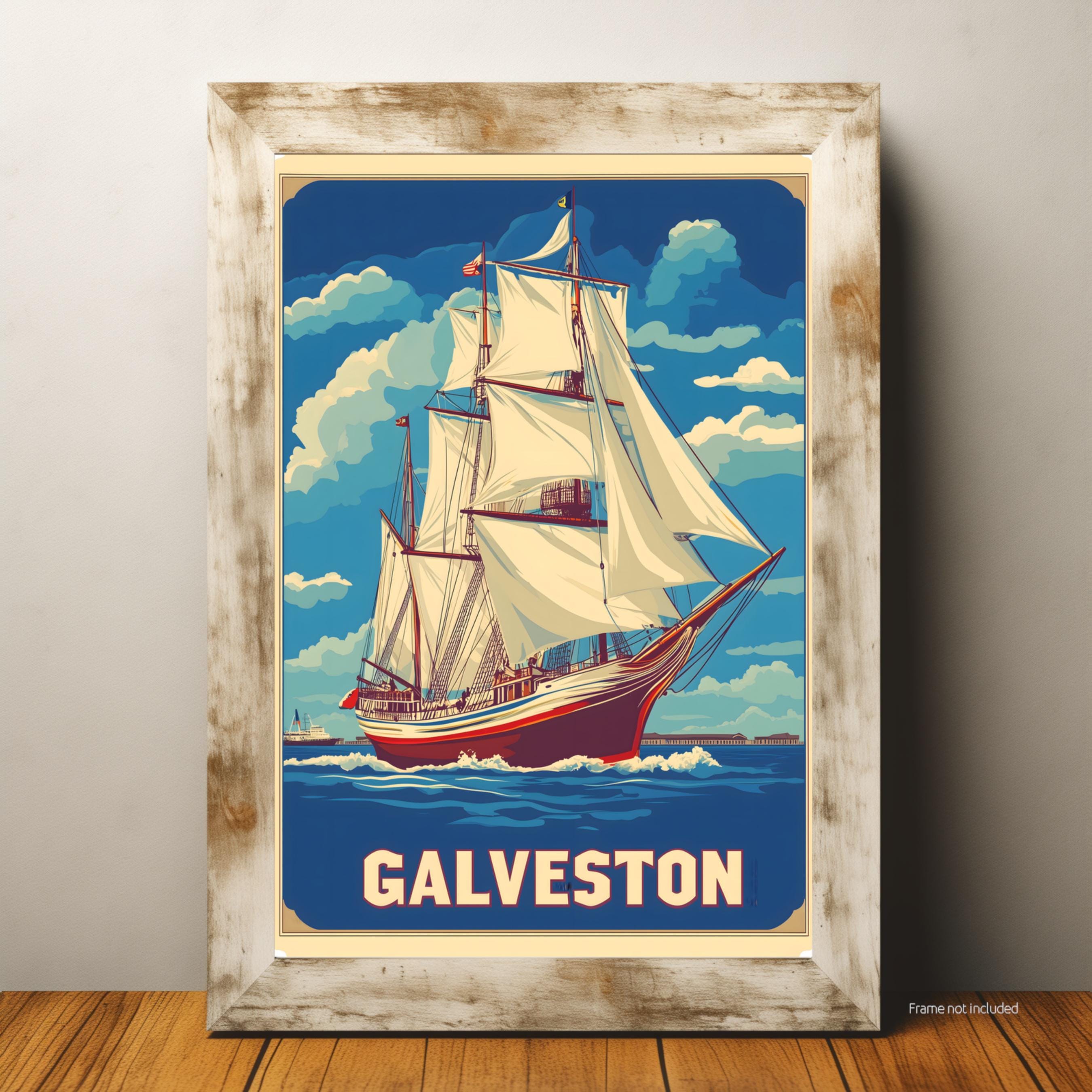 Galveston Tall Ship Poster, Nautical Maritime Wall Art, Vintage Look Retro Sailing Print, Historic Texas Coast Decor, Ocean Adventure