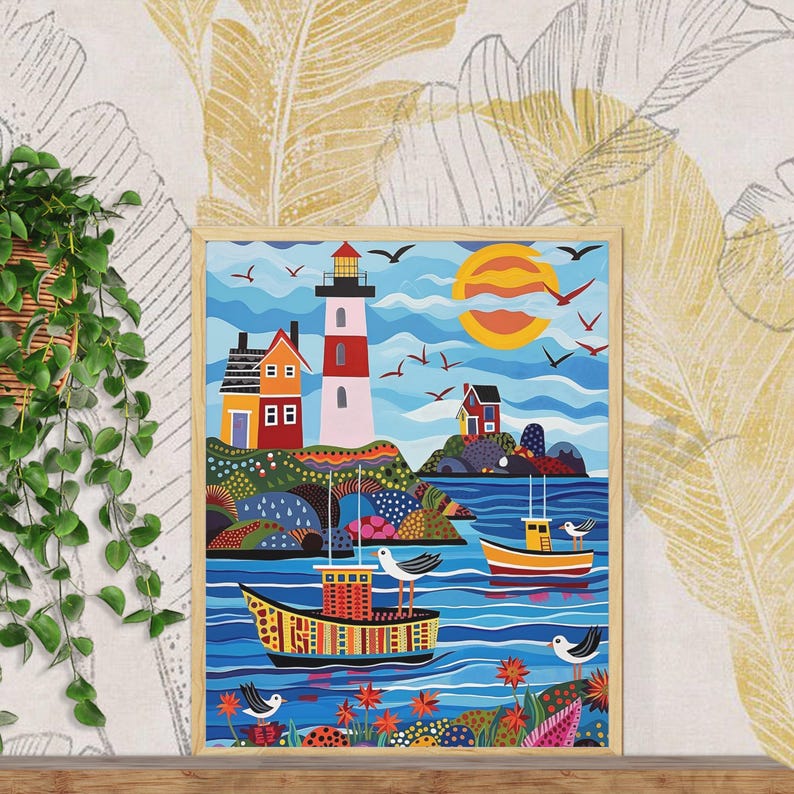Colorful Coastal Wall Art Print Nautical Folk Style Harbor Scene With ...