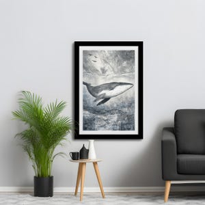 Impresión artística de ballena al aguafuerte en estilo ilustrativo del siglo XVIII, decoración de pared oceánica antigua de aspecto vintage para baño náutico o casa costera.