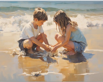 Seaside Serenity, Children Playing in Sand on the Beach