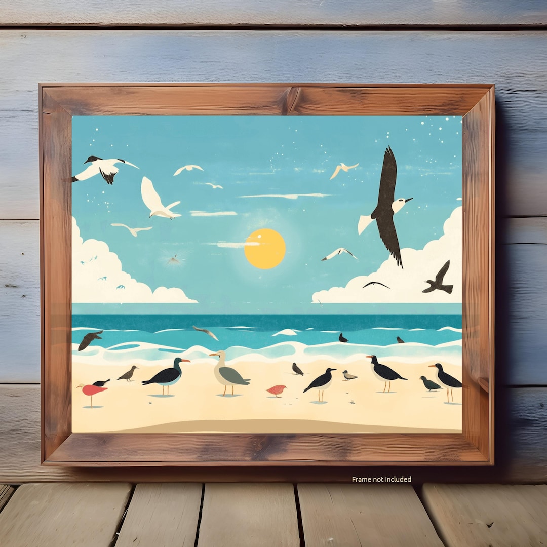 Seagulls Flying Over Beach Poster, Minimalist Coastal Wall Art, Cartoon ...