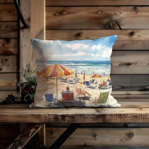 Vibrant Beach Scene Outdoor Throw Pillow with Summer Coastal Vibes, Watercolor Style Patio Decor, Relaxing Seaside Cushion for Beach Lovers