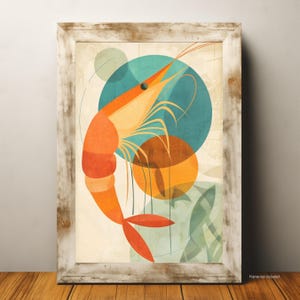 May include: Abstract art print featuring a stylized orange and yellow shrimp with blue and green geometric shapes in the background.