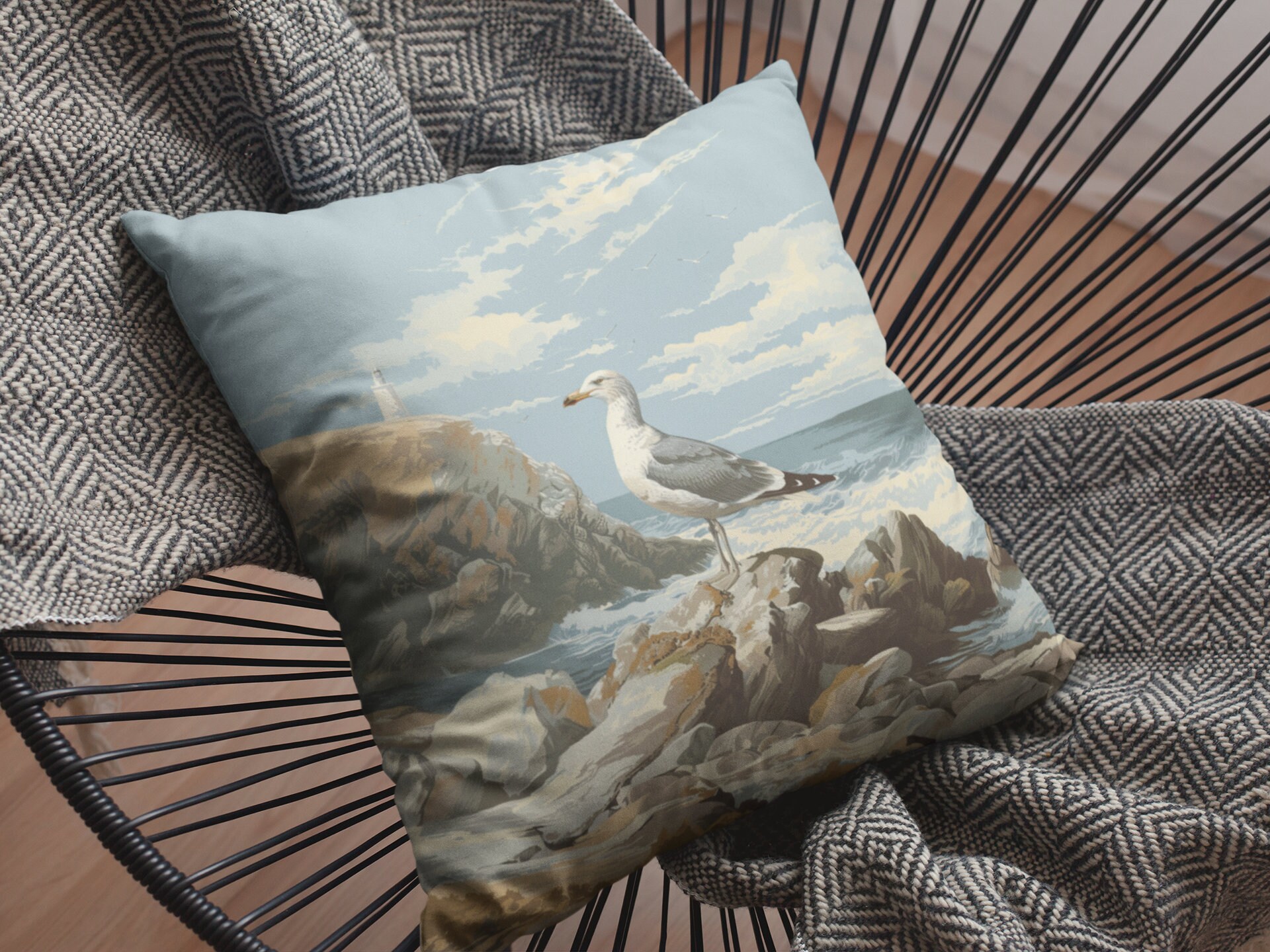 thumbnail image 2 of Beige Seagull Cushion – Double-Sided, Nautical Theme, 17x17 Square By The Coastal Cushion Company 2 of 6