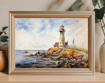 Vintage Lighthouse on a Rocky Outcrop Watercolor Print, Coastal Home Decor