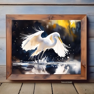 Grote zilverreiger Art Print, elegante wetlands vogel kunst aan de muur, aquarel wildlife poster, op de natuur geïnspireerd decor, Serene Marsh Artwork