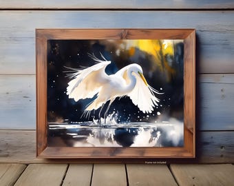Great Egret Art Print, Elegant Wetlands Bird Wall Art, Watercolor Wildlife Poster, Nature-Inspired Decor, Serene Marsh Artwork