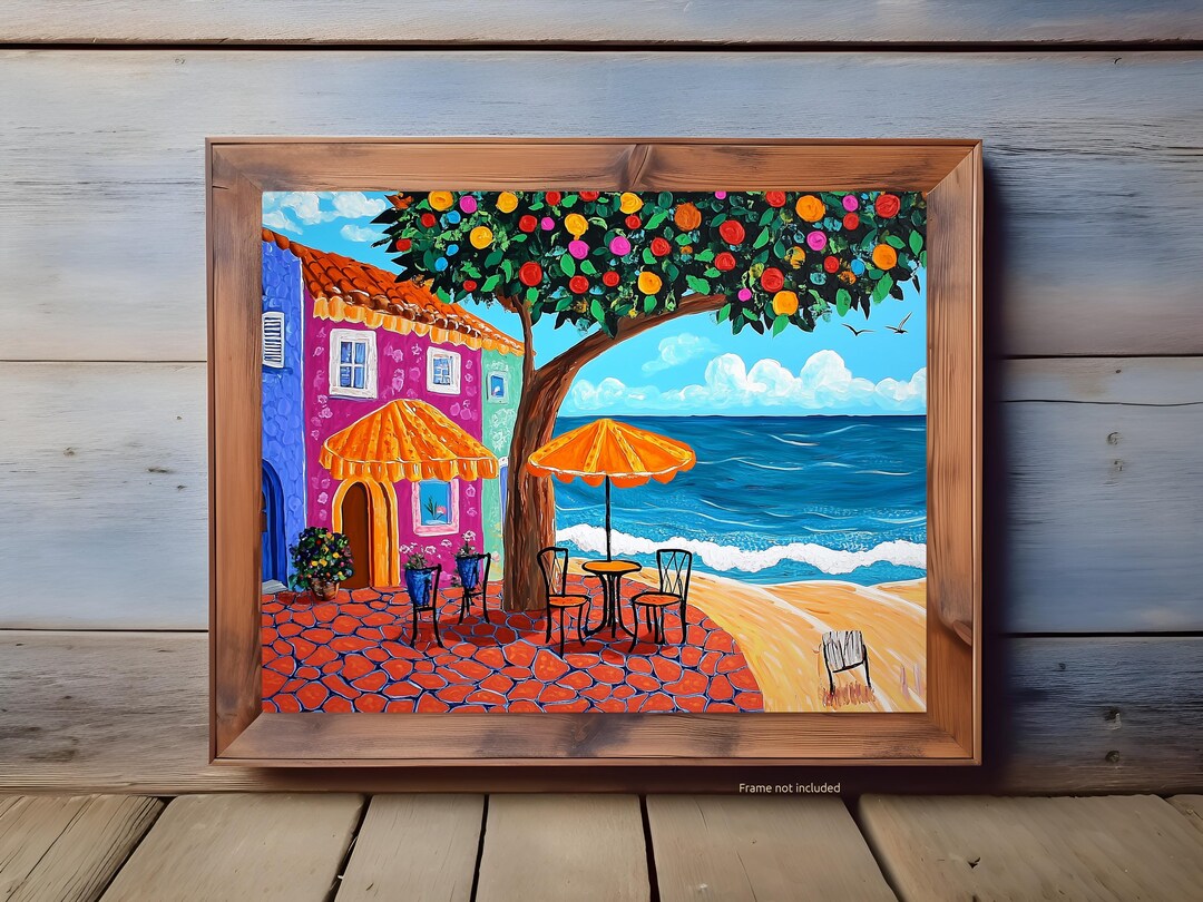 Colorful Coastal Folk Art Wall Print, Mediterranean Seaside Cafe Poster ...