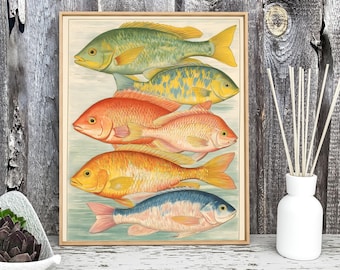 Kleurrijke vintage tropische vissen muurkunst print, retro oceaan mariene biologie illustratie, kust zeeleven poster voor kusthuis decor