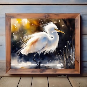 Witte reiger Art Print, sierlijke wetlands vogel kunst aan de muur, aquarel wildlife poster, op de natuur geïnspireerd decor, Serene Marsh Artwork