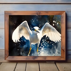 Dynamic Egret in Flight Art Print - Majestic Watercolor Wildlife Painting of White Egret, Perfect Nature-Inspired Wall Art for Bird Lovers