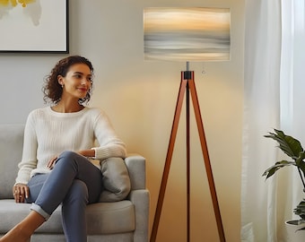 Modern Coastal Tripod Floor Lamp with Abstract Sunrise Mist Shade in Sand Beige, Fog Gray and Warm Pearl for Serene Home Lighting Gift