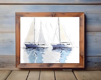 Abstract Sailboat Wall Art, Coastal Decor Print, Nautical Ocean Artwork, Blue Tones Seascape, Modern Beach House Wall Art