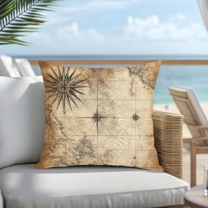 Cojín decorativo para exteriores con mapa náutico vintage, cojín rústico de rosa de los vientos para patio, cojín decorativo marítimo del Viejo Mundo