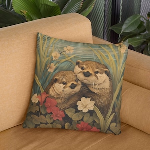 Adorable Otters: Playful Pair Throw Pillow - Loving Otters Frolicking in a Bed of Flowers