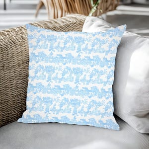 Tropical Blue Palm Tree Outdoor Throw Pillow, Coastal Patio Cushion, Light Blue Jungle Print Outdoor Pillow, Island-Inspired Patio Decor