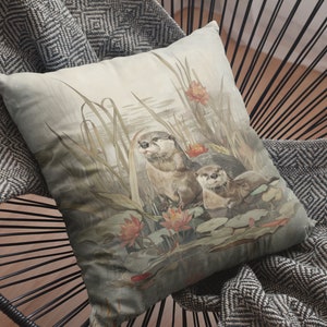 Charming Otter Pillow with Lily Pads | Nature-Inspired Throw Pillow | Wildlife Decor Cushion