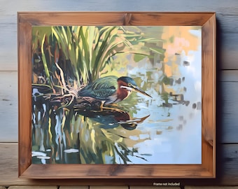 Green Heron Wall Art Print, Vibrant Wetland Bird Artwork, Realistic Nature Painting, Tranquil Marsh Scene, Wildlife Reflection Decor