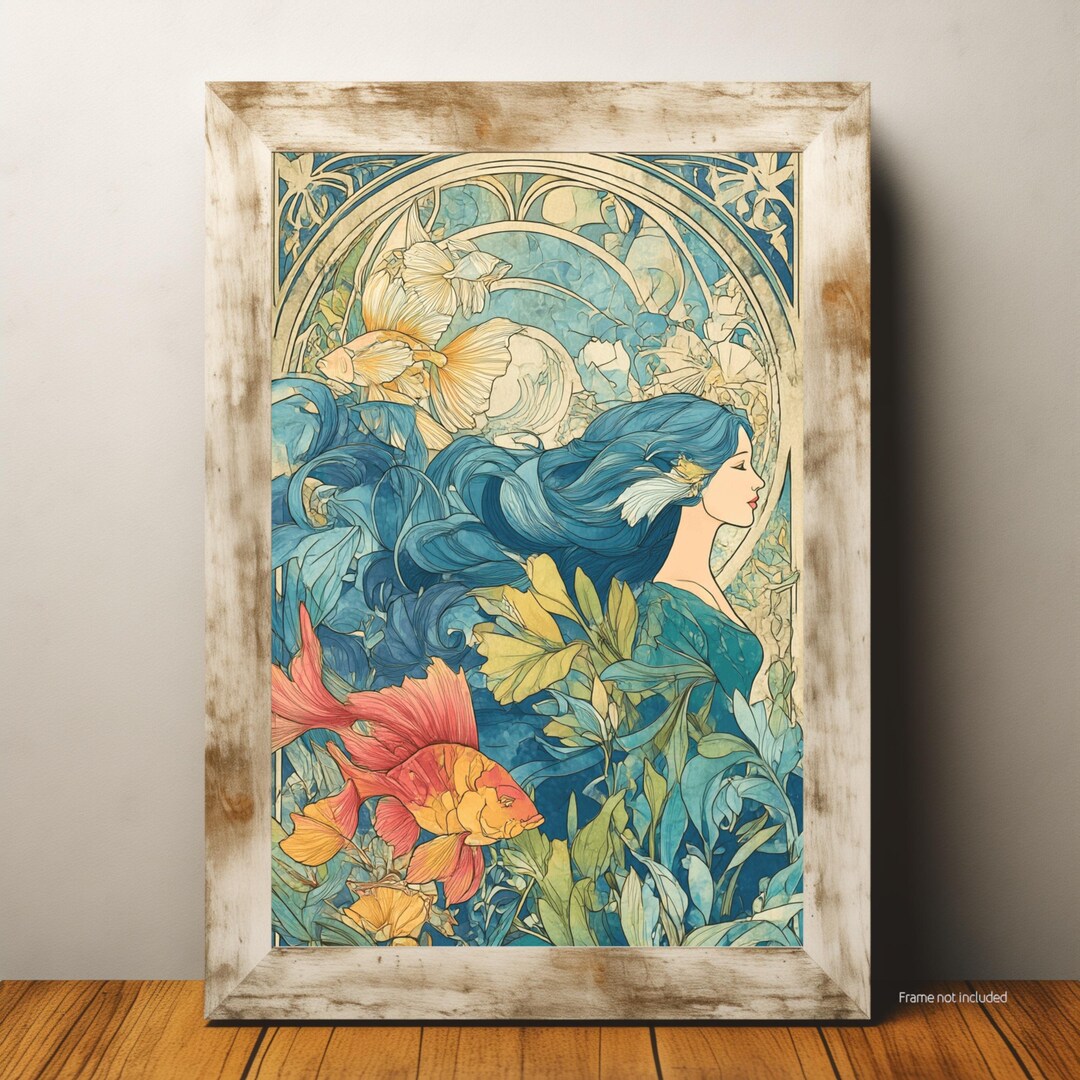 Art Nouveau Mermaid Wall Art Print Fantasy Ocean Woman Poster Surreal ...