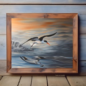 Black Skimmer Bird Wall Art, Coastal Nature Print, Sunset Ocean Wildlife Poster, Realistic Seabird Painting, Water and Sky Decor