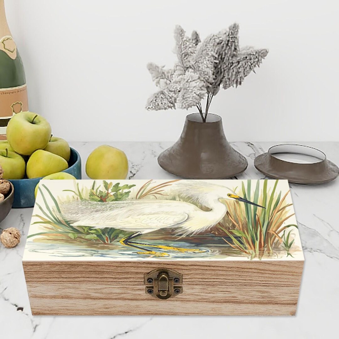 Wooden Keepsake Box With Snowy Egret Marsh Illustration, Elegant Bird ...