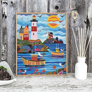 Colorful Coastal Wall Art Print Nautical Folk Style Harbor Scene with Boats, Lighthouse, and Seagulls and Whimsical Beach House Decor