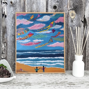 Colorful Beach Kite Flying Wall Folk Art Print - Whimsical Seaside Painting with Children, Ocean Waves, and Bright Sky Full of Kites