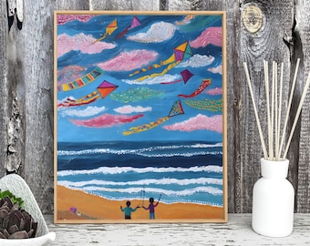ビーチで凧揚げ - 風景、子供、海景：水彩画、壁画、アートプリント