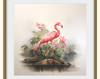 May include: A square wall art print featuring a vibrant pink flamingo standing on a small island surrounded by water. The scene includes lush green tropical foliage and soft pink flowers. The text "Frame not included" is printed in the bottom right.