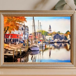 Mystic River and Downtown Mystic Charming Watercolor Print - Coastal Home Decor