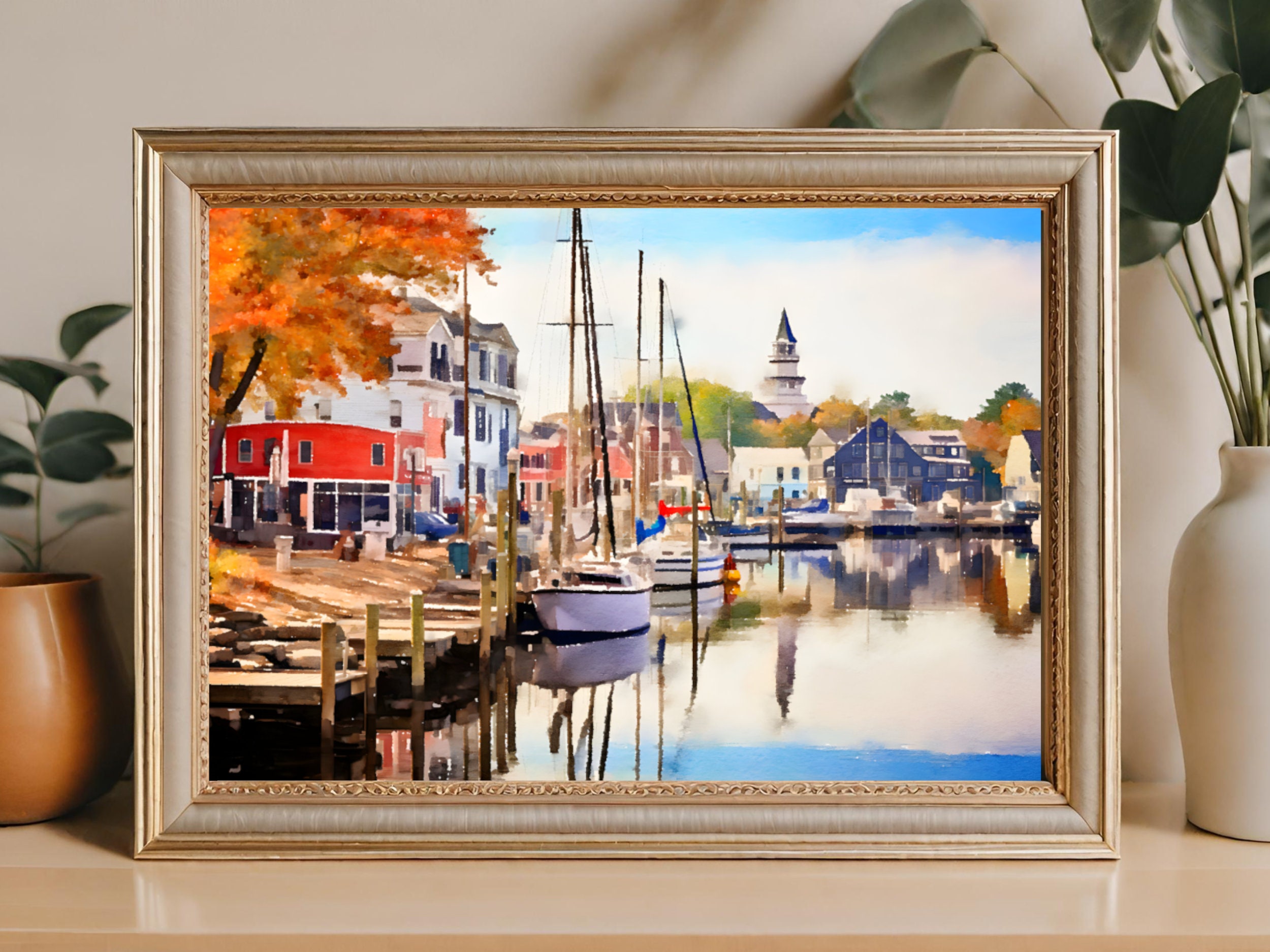 Mystic River and Downtown Mystic Charming Watercolor Print - Coastal Home Decor