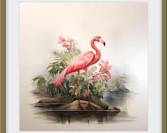 Flamingo Oasis: Vibrant Flamingo Art Print of a Watercolor Pink Flamingo on a Flowered Rock Outcrop