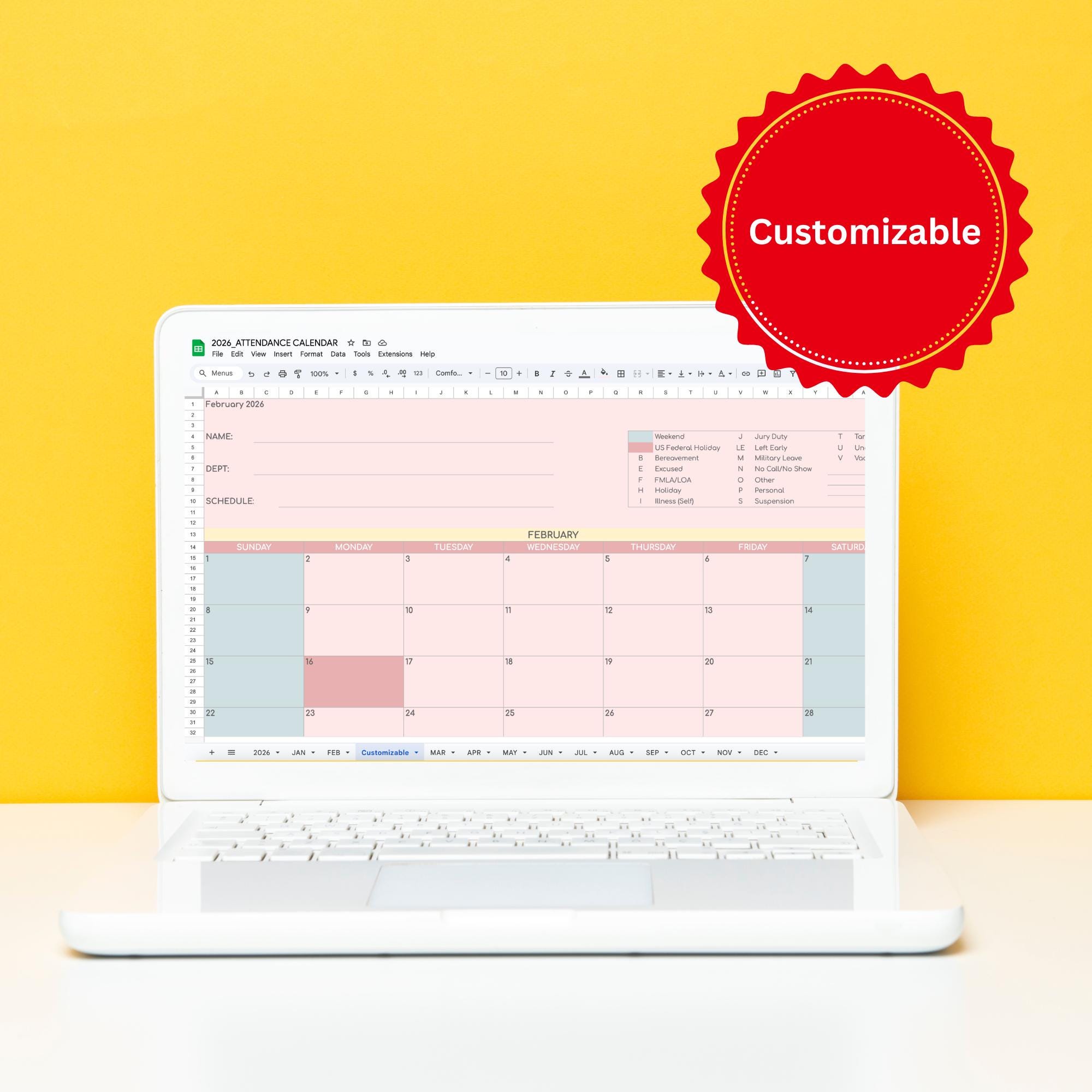 2026 Attendance Tracker Template | Google Sheet Attendance Record ...