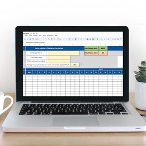 May include: A laptop displaying a spreadsheet titled "FMLA Absence Tracking Calendar." The spreadsheet includes fields for employee name, start and end dates, and hours. The screen shows 480.0 hours available and 0.0 hours used.