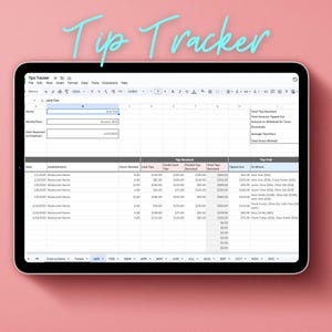 May include: A spreadsheet on a computer screen titled "Tip Tracker" with columns for date, establishment name, hours worked, cash tips, credit card tips, pooled tips received, total tips received, tipped out, and tips paid. The spreadsheet is filled with data for January 2025.