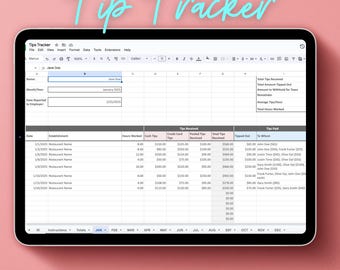 May include: A spreadsheet on a computer screen titled "Tip Tracker" with columns for date, establishment name, hours worked, cash tips, credit card tips, pooled tips received, total tips received, tipped out, and tips paid. The spreadsheet is filled with data for January 2025.