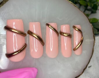 3D Nail Gold Nail art, Long press on nails with 3D nail art, Luxury Fake Nails, Pink, Square Nails