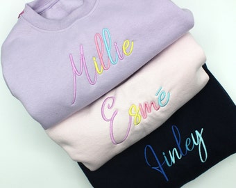 Personalised embroidered name children's sweatshirt, colourful sweatshirt with rainbow name embroidery
