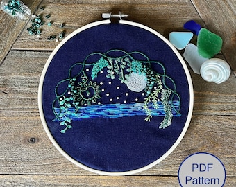Lagoon Embroidery Pattern, DIY Embroidery, Embroidery with embellishments, Embroidery with unique stitches, intermediate embroidery design