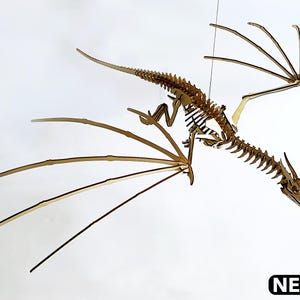 Könnte beinhalten: Ein Holzdrachenskelettmodell mit ausgebreiteten Flügeln, vor einem weißen Hintergrund aufgehängt. Der Drache ist aus hellbraunem Holz gefertigt, mit detaillierten Rippen- und Knochenstrukturen. Die Flügel sind ebenfalls aus Holz. Der Markenname "NEEKO" ist sichtbar.