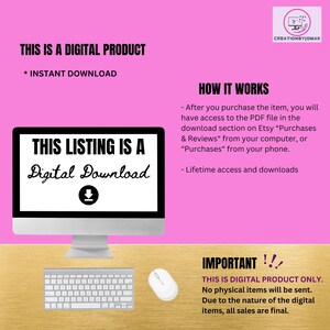 May include: A computer monitor displays the text "THIS LISTING IS A Digital Download" with a download icon. The image includes a keyboard, mouse, and text indicating it's a digital product with instant download and lifetime access.