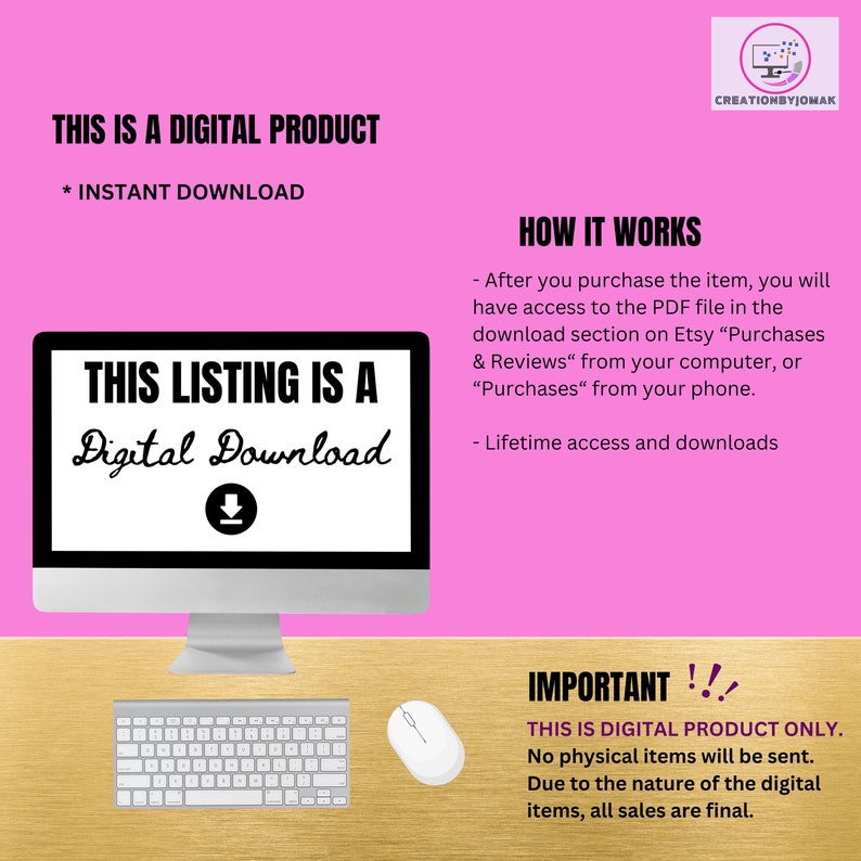 May include: A computer monitor displays the text "THIS LISTING IS A Digital Download" with a download icon. The image includes a keyboard, mouse, and text indicating it's a digital product with instant download and lifetime access.