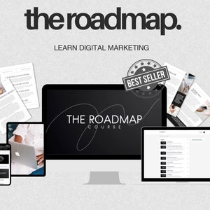 Può includere: Un corso di marketing digitale chiamato "The Roadmap" è mostrato sullo schermo di un computer. Il corso è un best seller e include una varietà di risorse, come un laptop, un telefono e quaderni di lavoro.