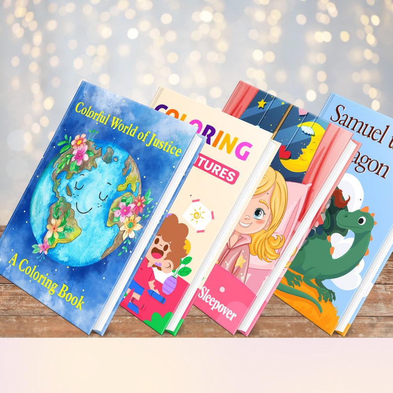 May include: A stack of colorful children's coloring books with various illustrations. The covers feature titles like "Colorful World of Justice" and "Sleepover." The books are on a wooden surface with a blurred background.