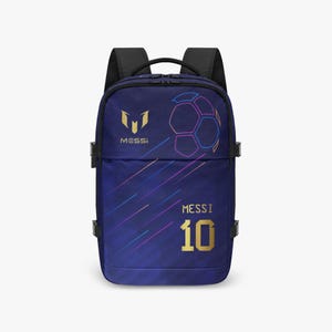 May include: A dark blue backpack featuring a gold Messi logo, the number 10, and a graphic of a soccer ball with colorful diagonal lines. The bag includes black shoulder straps, a top handle, and side compression buckles for secure storage.