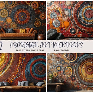 May include: Twelve digital backdrops featuring Aboriginal art with intricate dot patterns in shades of red, orange, yellow, blue, and black. The backdrops are 9600 x 7680 pixels and 300 DPI.